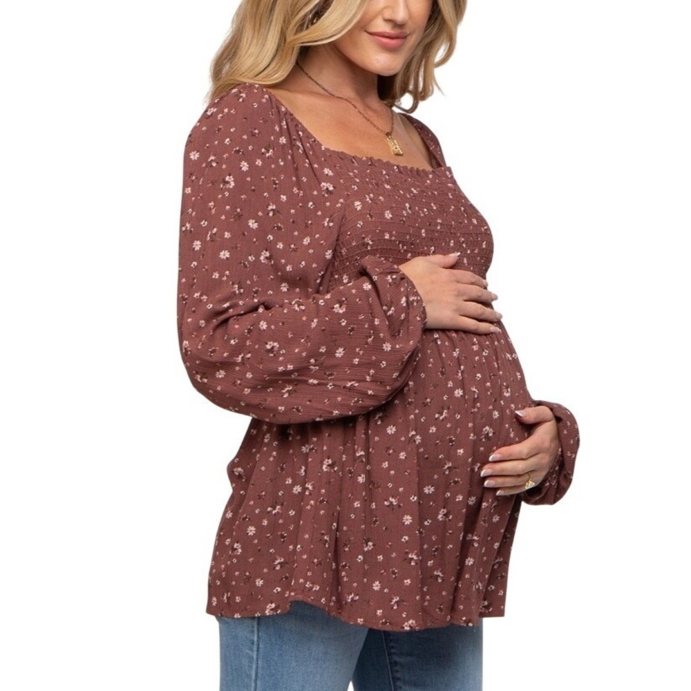 Pink Blush Smocked Square Neck Peasant Top - Brown Floral Maternity Size Small